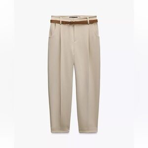 Zara Cream Cropped Tapered Pants with Brown Belt